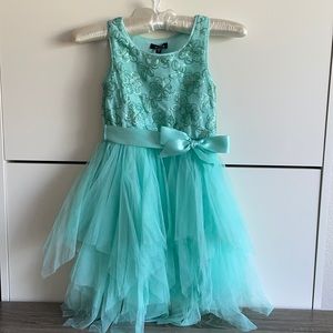 Cute pretty aqua sparkly girl’s dress with flowers